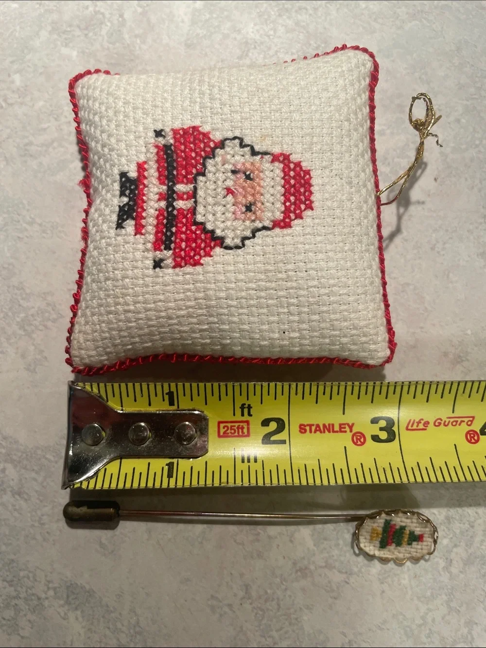 Vintage Needlepoint Stickpin and Santa Ornament